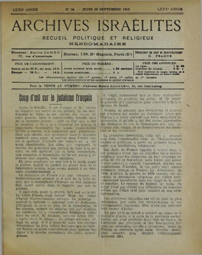 Archives israélites de France. Vol.80 N°38 (18 sept. 1919)